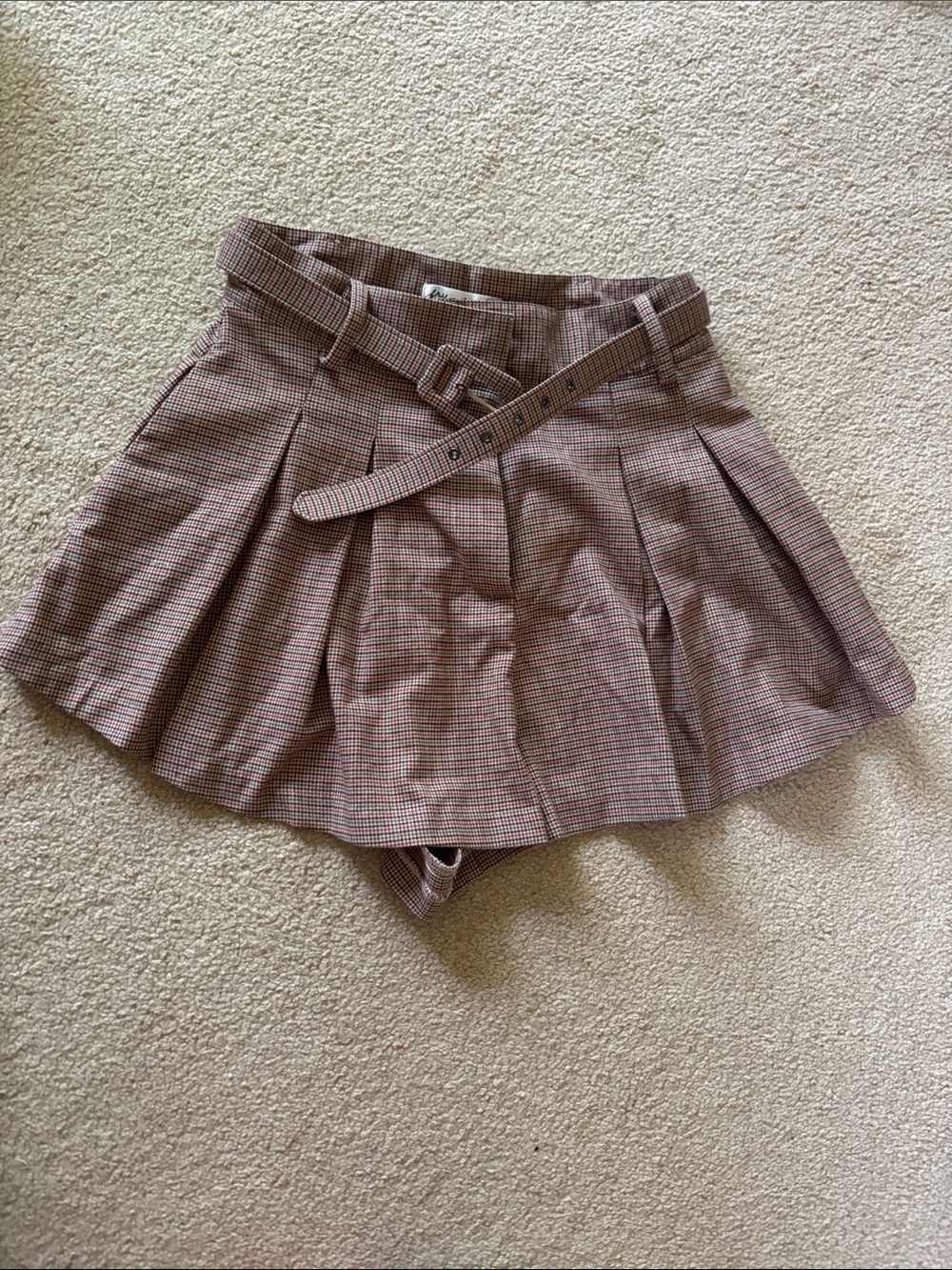 Free People Brown Plaid Pleated Bermuda Shorts with Belt